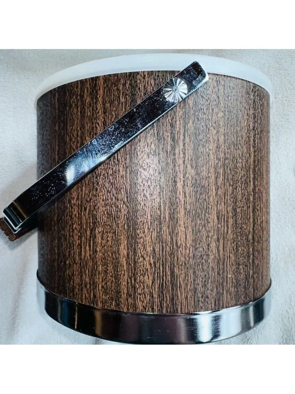 Vintage Atapco MCM Faux Wood Grain Vinyl Chrome Ice Bucket Mid Century USA